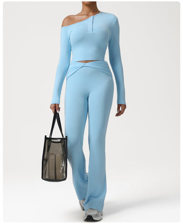Autumn Oblique Shoulder Yoga Clothes Long Sleeved Top Women Cross High Waist Ruched Fitness Bootleg Pants Sports Set - Modestly Vogue